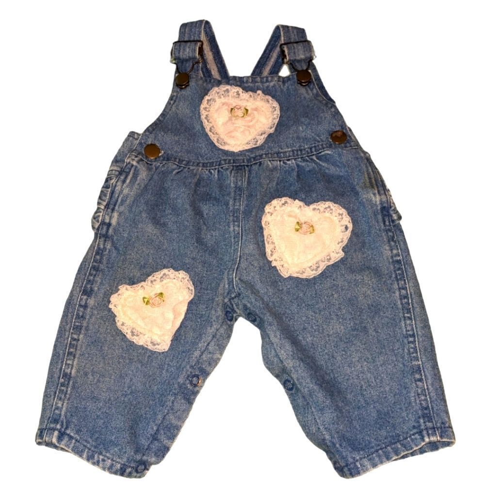 Hopscotch vintage denim overalls with embroidered heart lace patches size 6-9